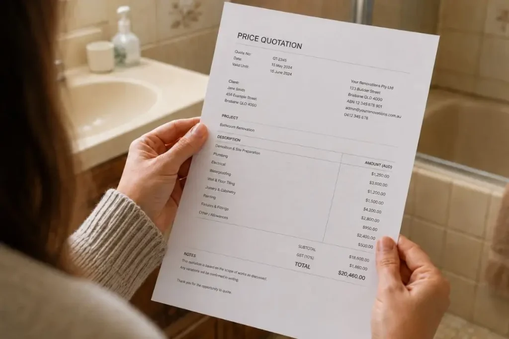 itemised quotation for a bathroom renovation